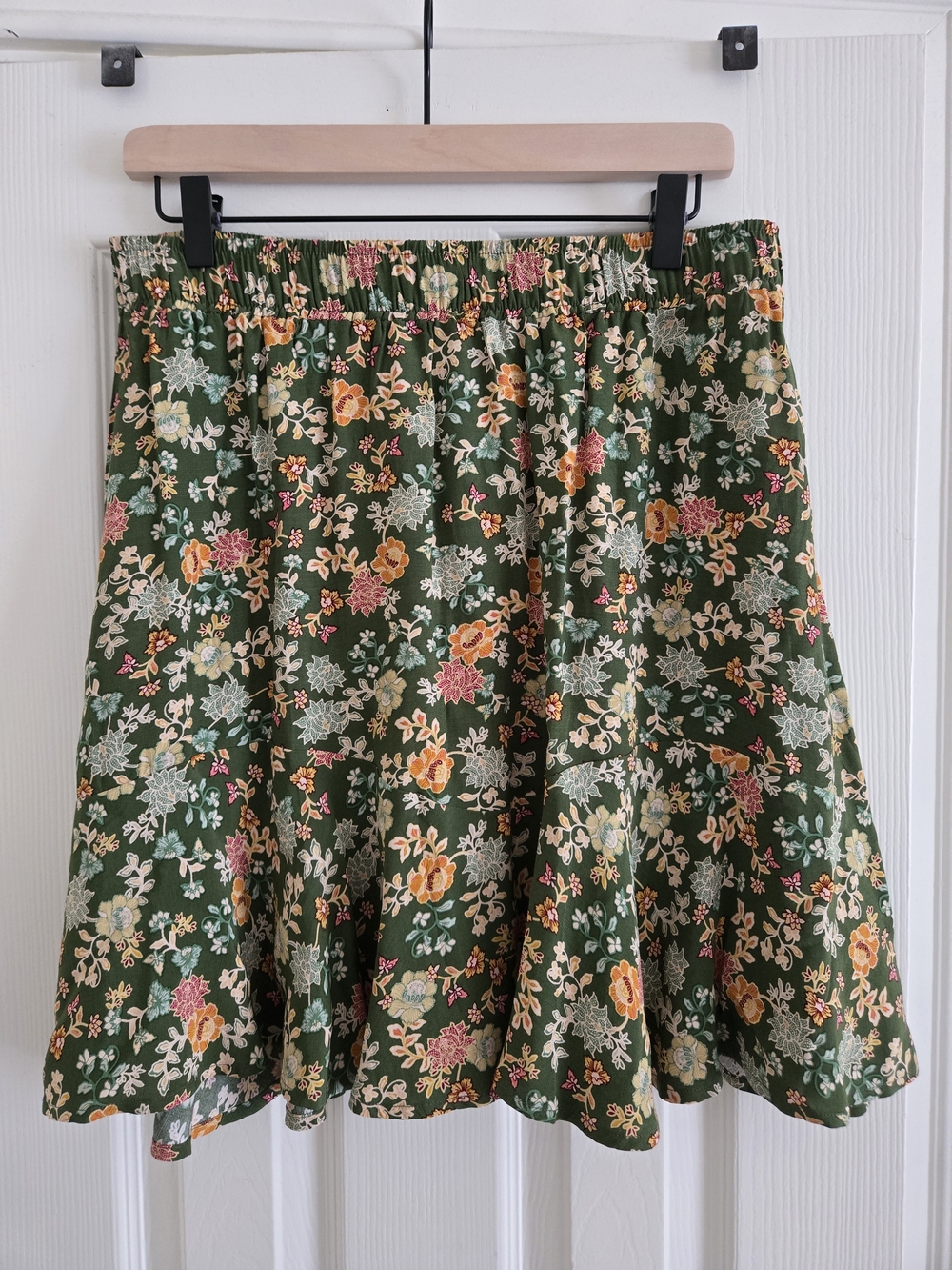 LOFT Green Floral Circle Skirt with Pink and Yellow Accents
